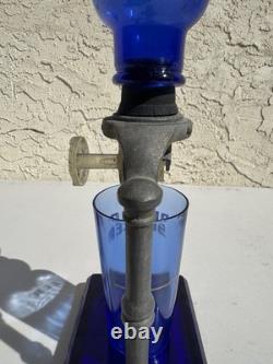 Vintage Cobalt Blue BROMO SELTZER Countertop Dispenser with Base, Cup & Bottle
