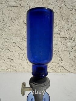 Vintage Cobalt Blue BROMO SELTZER Countertop Dispenser with Base, Cup & Bottle