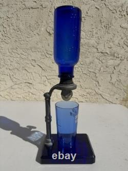 Vintage Cobalt Blue BROMO SELTZER Countertop Dispenser with Base, Cup & Bottle