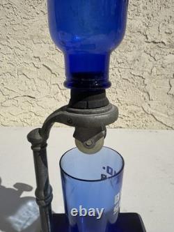 Vintage Cobalt Blue BROMO SELTZER Countertop Dispenser with Base, Cup & Bottle