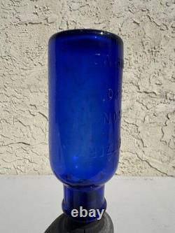 Vintage Cobalt Blue BROMO SELTZER Countertop Dispenser with Base, Cup & Bottle