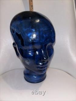 Vintage Cobalt Blue Glass Head Mannequin Wig Hat Display Prop Halloween