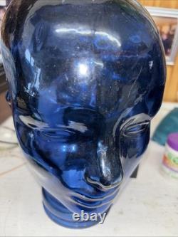 Vintage Cobalt Blue Glass Head Mannequin Wig Hat Display Prop Halloween