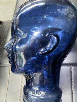 Vintage Cobalt Blue Glass Head Mannequin Wig Hat Display Prop Halloween
