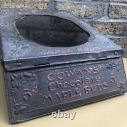 Vintage Cowans Chocolate Maple Buds Candy Countertop Glass Display Tin Store Bin