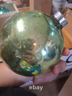 Vintage Early SHINY BRITE Glass Christmas Ornament Green Jumbo Store Display