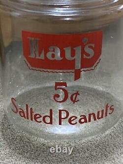 Vintage General Store Glass Lays 5 Cent Peanuts Display Jar & Original Lid