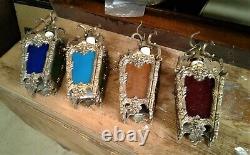 Vintage Gothic Revival Store Display with 4 Pendant Glass Panel Lights Victorian