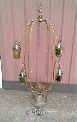 Vintage Gothic Revival Store Display with 4 Pendant Glass Panel Lights Victorian
