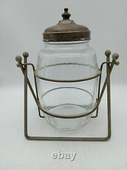 Vintage Hazel Atlas Glass Counter Store Display Canister Jar with Lid & Stand 10T