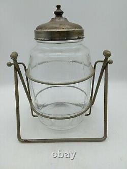 Vintage Hazel Atlas Glass Counter Store Display Canister Jar with Lid & Stand 10T