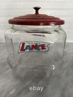 Vintage Lance Glass Peanut Cracker Countertop Advertising Store Jar With Metal Lid