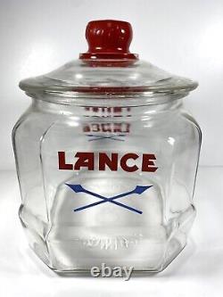 Vintage Lance Jar 8 Sided Glass Store Display Approx. 9 Tall with Glass Tom's Lid