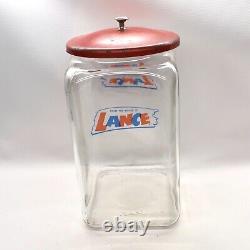 Vintage Large Size Lance Crackers Glass Counter Jar Red metal Lid Advertising