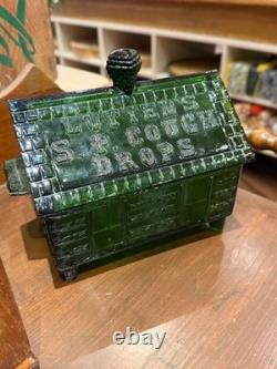 Vintage Lute's Cough Drops Green Glass Log Cabin Store Display
