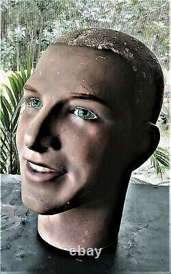 Vintage Male Mannequin Head Display Art Deco Sculpture Original Glass Eyes