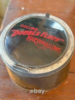 Vintage Marshmallow Tin Collins Double Fluff Rare Store Display with Glass Lid