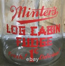 Vintage Minters Log Cabin Fudge 1¢ Glass Country Store Counter Display Jar/lid