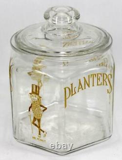 Vintage PLANTERS YELLOW MR. PEANUT Hexagon Glass Store Counter Display Jar