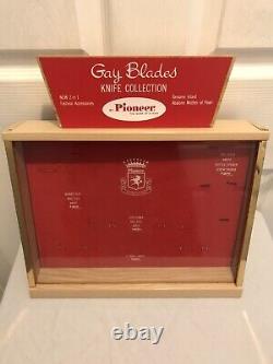 Vintage Pioneer Gay Blades Advertising Knife Cuff Links Wood Glass Display Case