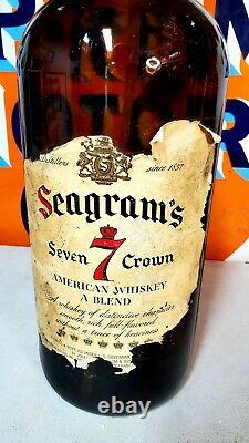 Vintage Seagram's 7 Store Display Glass Bottle 28 Tall Man Cave Bar with Topper