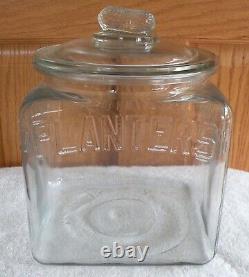 Vintage Square Embossed Planters Jar & Peanut Lid Clear Glass Store Display