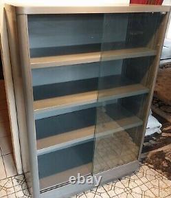Vintage Steel Medical Or Store Display Cabinet With Glass Sliding Doors