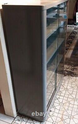 Vintage Steel Medical Or Store Display Cabinet With Glass Sliding Doors