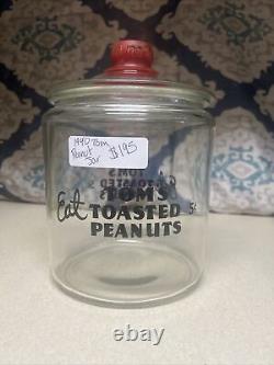 Vintage TOM'S Toasted Peanuts Store Display Jar with Glass Lid (Black Lettering)