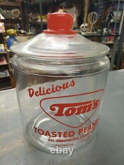 Vintage Toms Toasted Peanuts Glass Jar Store Counter Display Red Tom's embossed