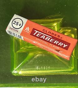 Vintage Vaseline Glass CLARKS TEABERRY GUM Pedestal Display Stand + Gum GLOWS