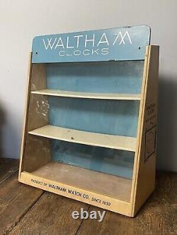 Vintage Waltham Clocks-clock company display counter wooden & glass advertising