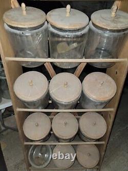 Vintage XXL Glass Display Jars + Wood Rack