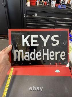 Vintage antique reverse on glass keys made here trade sign Rog Store Display