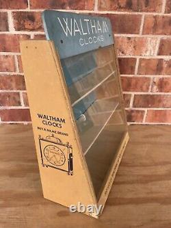 Vtg Waltham Clocks-clock company display counter? Wooden & glass advertising