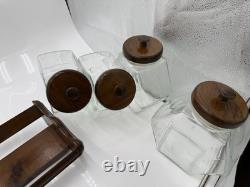 Wood Glass Canister Set Libby Glass candy Jars general store counter & rack